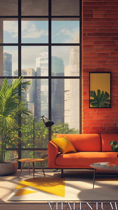 Modern loft living room overlooks bright contemporary cityscape