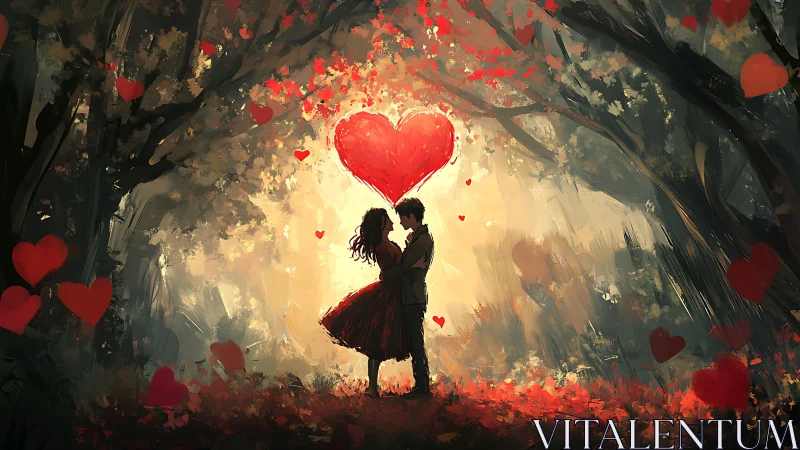 Romantic Couple Beneath Glowing Heart in Enchanted Forest.