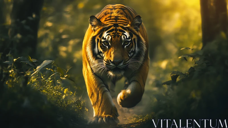 Golden dusk hunter prowling through emerald jungle light.