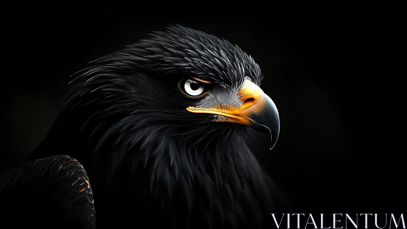 Majestic Black Eagle Portrait in Dramatic Lighting, Hyper-Realistic Style.