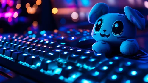 Plush blue bunny on RGB gaming keyboard at night.