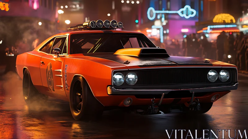 Muscle car dominates neon city street with cinematic stance.