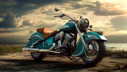 Teal vintage cruiser motorcycle rests beside quiet ocean at dusk
