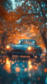 Midnight teal roadster gliding through emberlit forest glow.