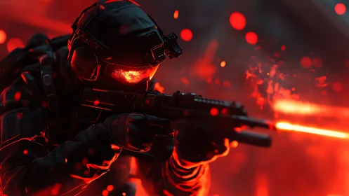 Red-visor commando hunting targets in molten neon firestorm.