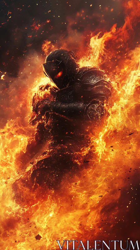 Fiery armored warrior strides forward through swirling flames