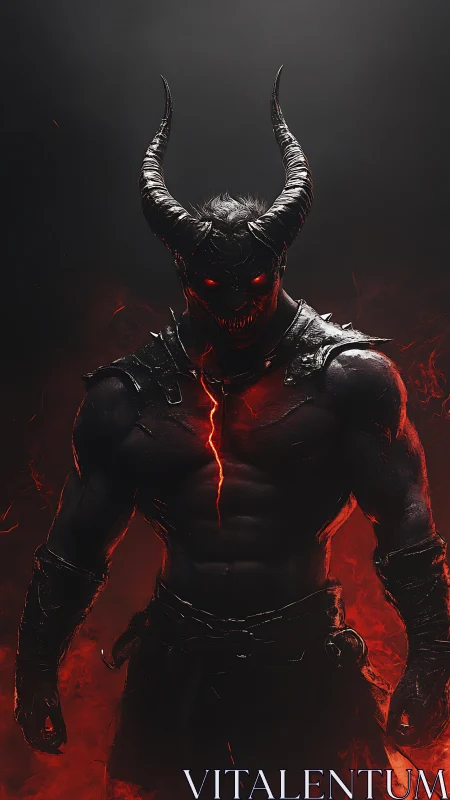 Horned inferno warlord rising from smoldering abyssal gloom.