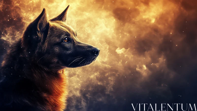 German shepherd portrait against blazing cosmic light.