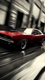Crimson muscle car streaks through rain-glossed urban canyon.