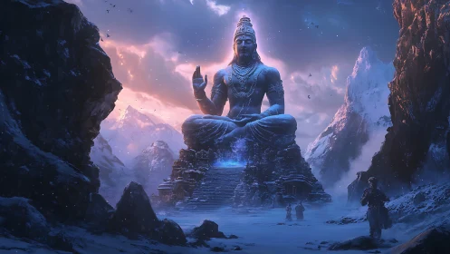 Colossal seated deity statue in snowy mountain valley at dusk.