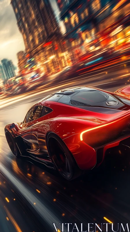 Red sports car on illuminated city street at night.