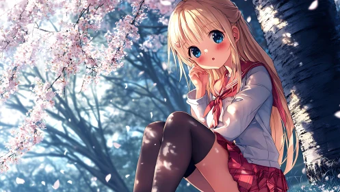 Blonde schoolgirl rests under cherry blossoms in spring light