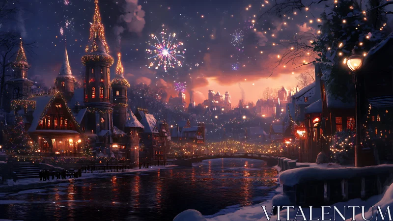 Winter fantasy town river under fireworks and glowing lights.