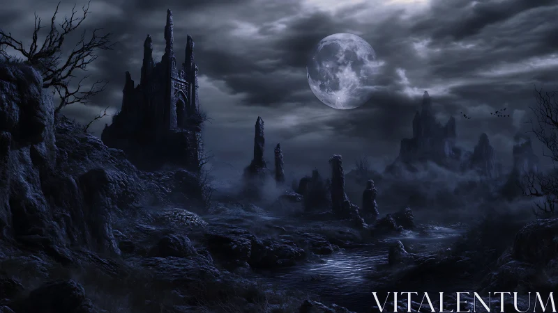 Ruined gothic citadel under a cold, high-contrast full moon