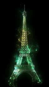 Neon emerald Eiffel Tower illuminated against black void.