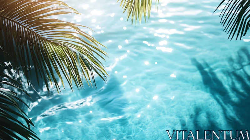 Sunlit tropical pool framed by gently arching palm leaves.