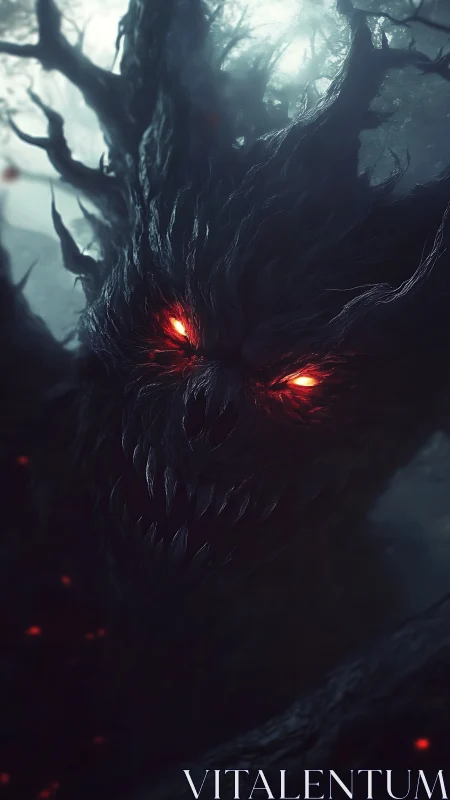 Sinister demonic tree spirit with glowing red eyes in foggy forest.