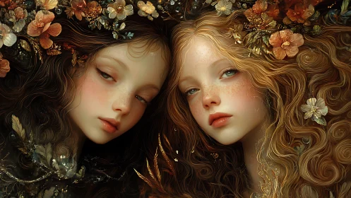 Two stylized female portraits framed by dense floral elements