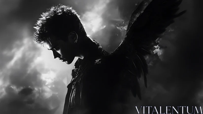 Brooding winged rebel poised in storm-lit monochrome gloom.