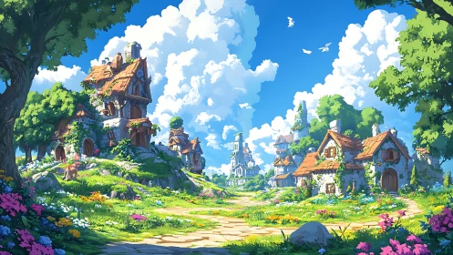 Sunlit fantasy village with stone cottages and lush gardens