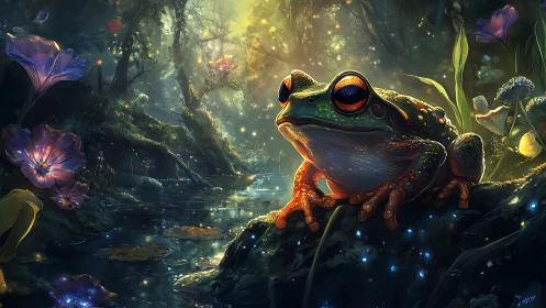 Dreamy forest frog under glowing twilight magic.