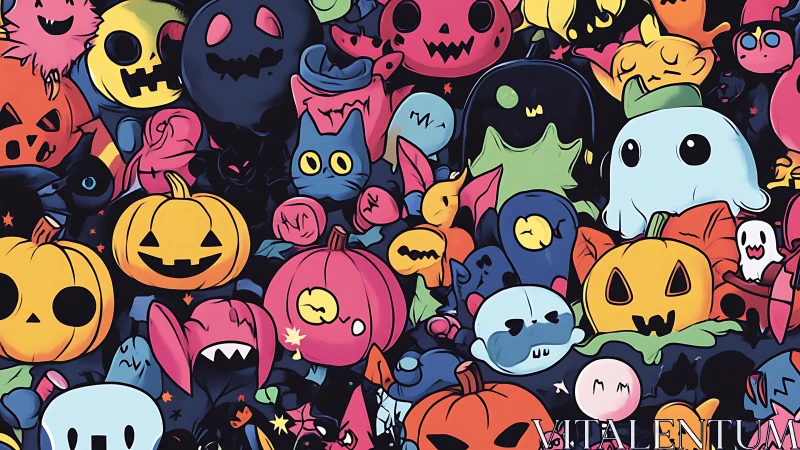 Cute Halloween cartoon characters fill a colorful pattern