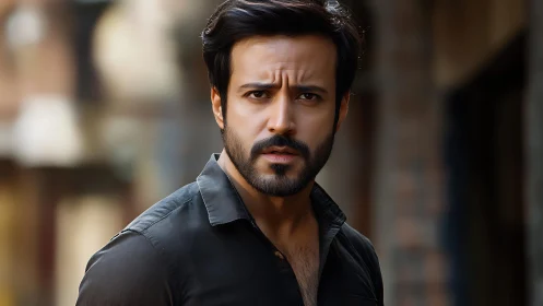 Photorealistic portrait of intense man in shallow depth focus.