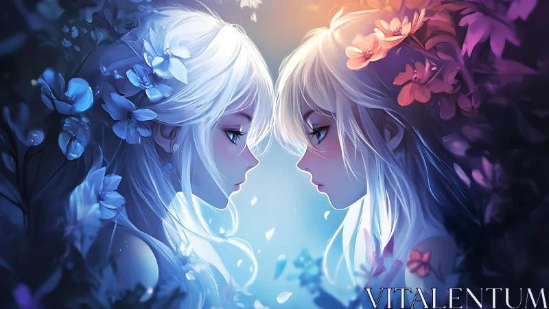 Dual anime portraits with blue and pink floral contrast.
