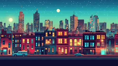Colorful city block glows under a starry urban night sky.