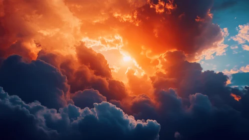 Fiery sunset sky above towering storm cloud formations.