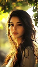 Sunlit portrait of young woman in soft golden light.