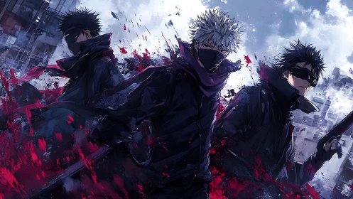 Masked urban warriors stride through crimson storm of battle.