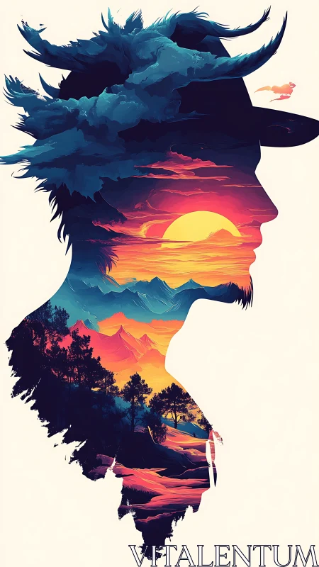 Silhouette frontier spirit with neon sunset landscape vision.
