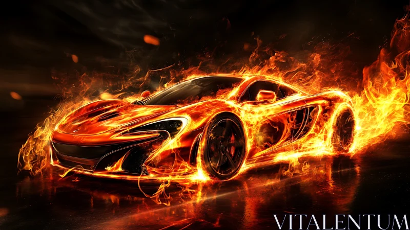 Flaming supercar erupts through darkness in molten motion.