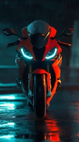 Red sport motorcycle in rain with blue neon reflections.