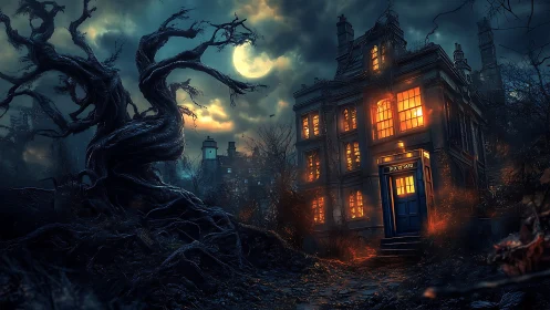 Haunted manor glows beside twisted tree and blue portal