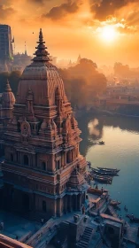 Temple tower overlooks river under dense orange sunset