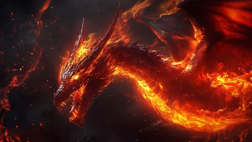 Flaming dragon in side profile amid embers and darkness.