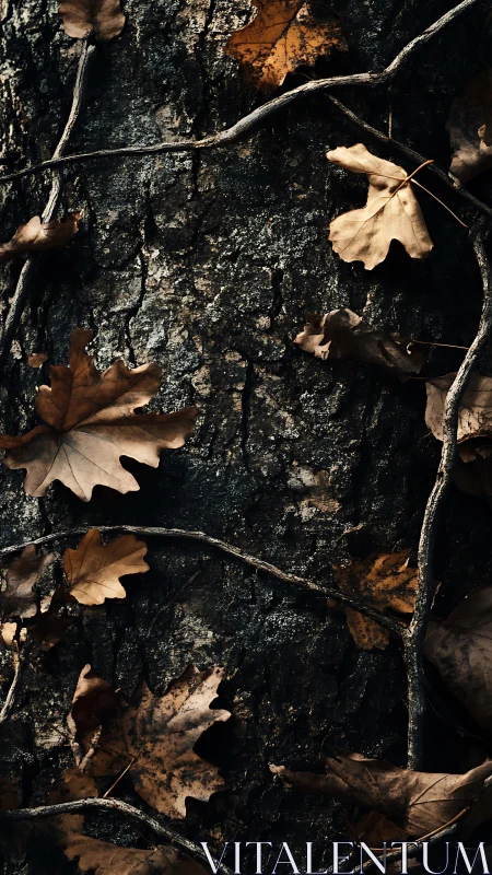 Autumn oak litter on textured bark with interlacing roots.