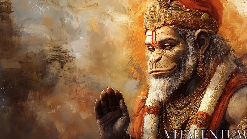 Serene simian deity lifts a blessing from molten gold haze