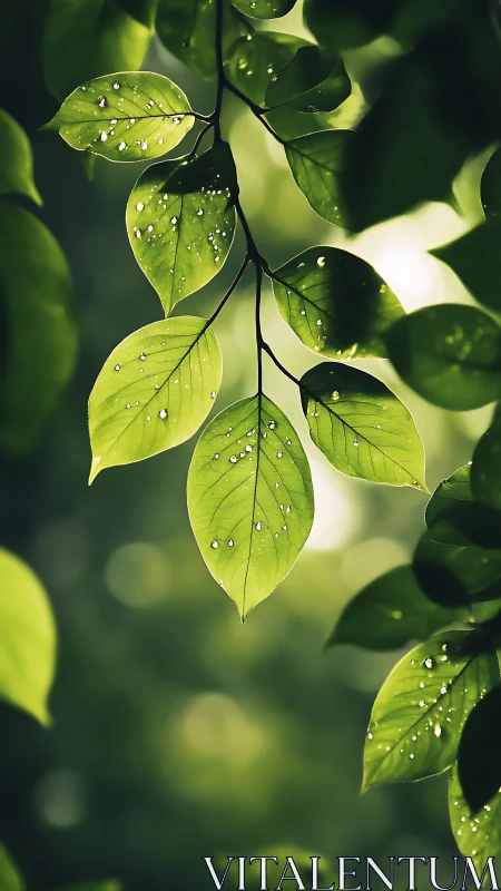 Sunlit green leaves sparkle with fresh morning raindrops.