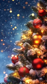 Snow kissed Christmas tree glows with cozy golden lights
