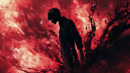 Silhouetted figure dissolving into turbulent crimson nebula.