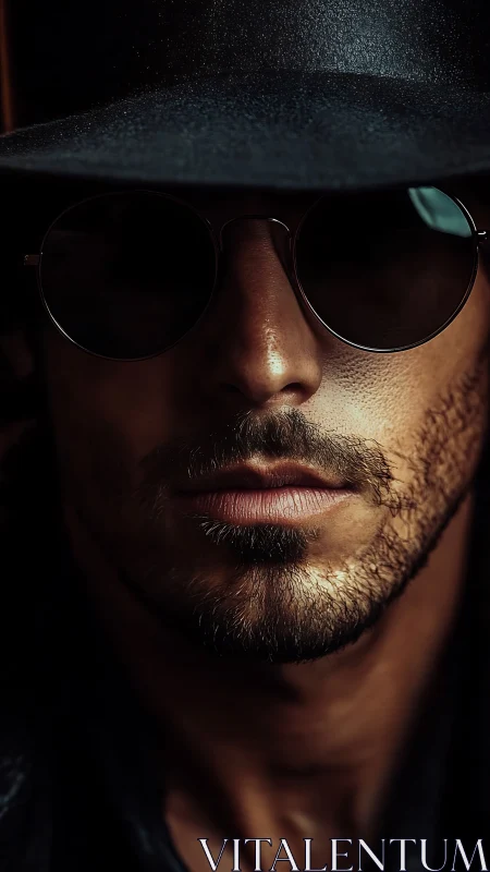 Shadow-veiled stranger in round shades and midnight brim.