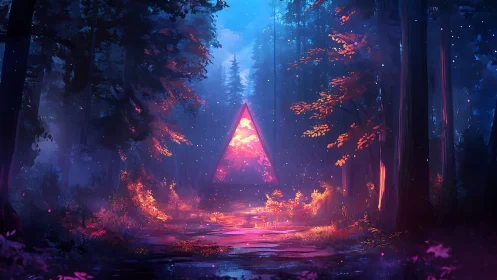 Neon portal triangle humming in a twilight enchanted forest.