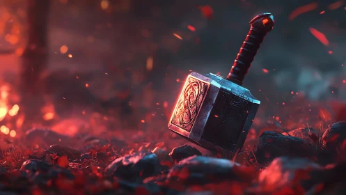 Runed war hammer embedded in ember-lit battlefield ground
