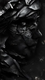 Shattered obsidian skin quietly rearranges into a watchful face