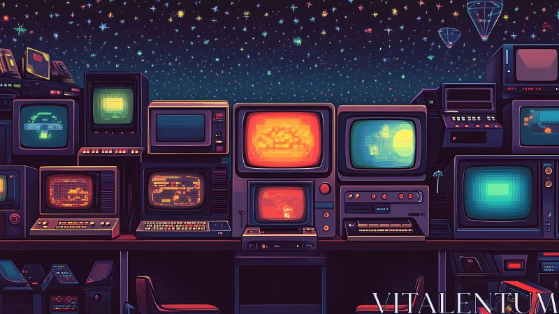 Retro command center glows with neon space arcade screens.