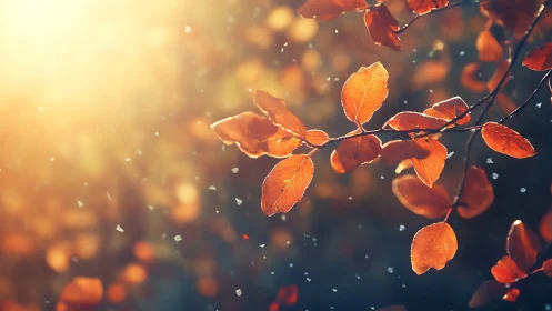 Autumn leaves glowing in golden sunset backlight.