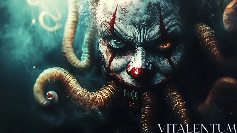 Clown-like humanoid merges with tentacled biomechanical forms